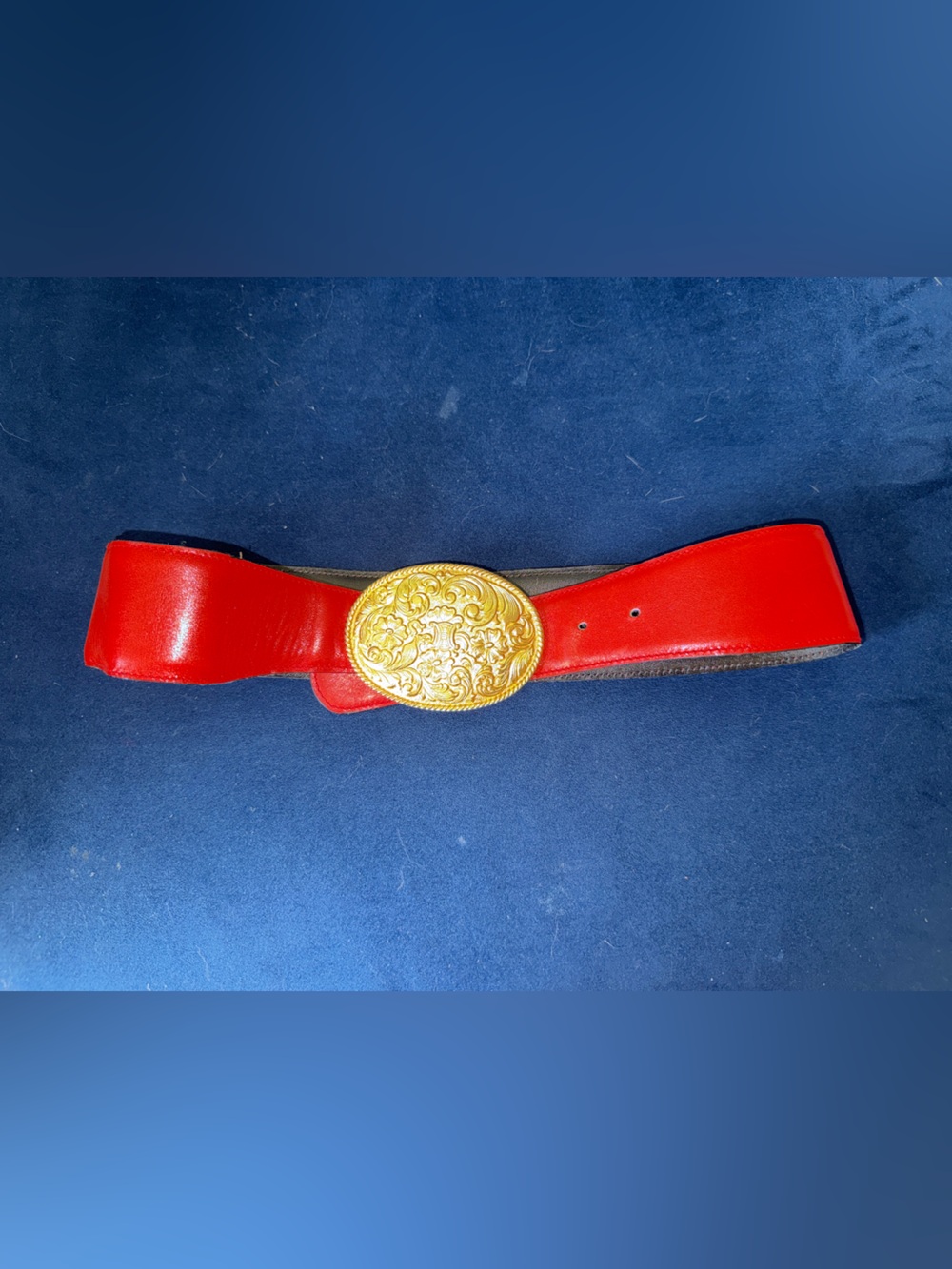 Celine Red Leather Belt with Ornate Gold Oval Buckle